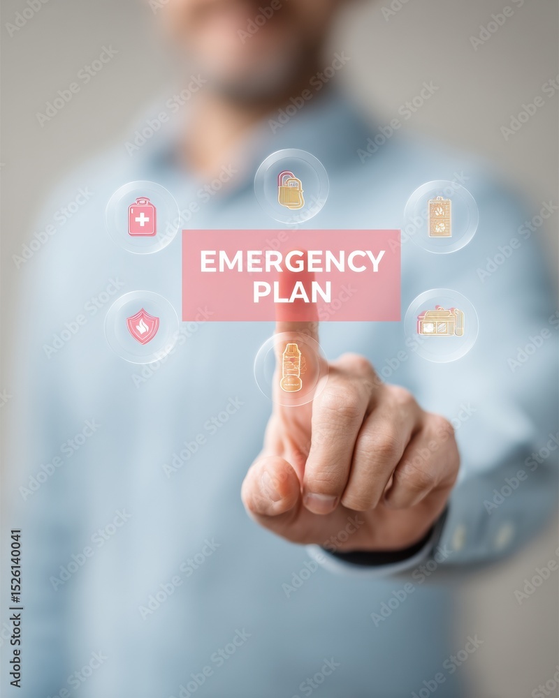 Poster modern emergency plan interface with safety icons in corporate training for risk management and busi