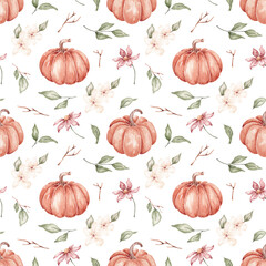 Pumpkin seamless pattern hand drawn by watercolor. Thanksgiving background. Halloween traditional symbols and fall objects. Pumpkins, autumn leaves and flowers