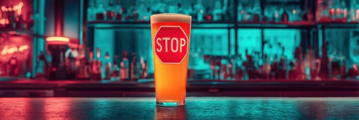 Modern Social Drinking Awareness Beer Glass with Stop Sign on Bar Counter Promoting Responsible Alcohol Use and Safety in Trendy Nightlife Setting