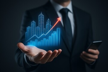 Businessman holding growth chart and city skyline hologram showing business development and investment