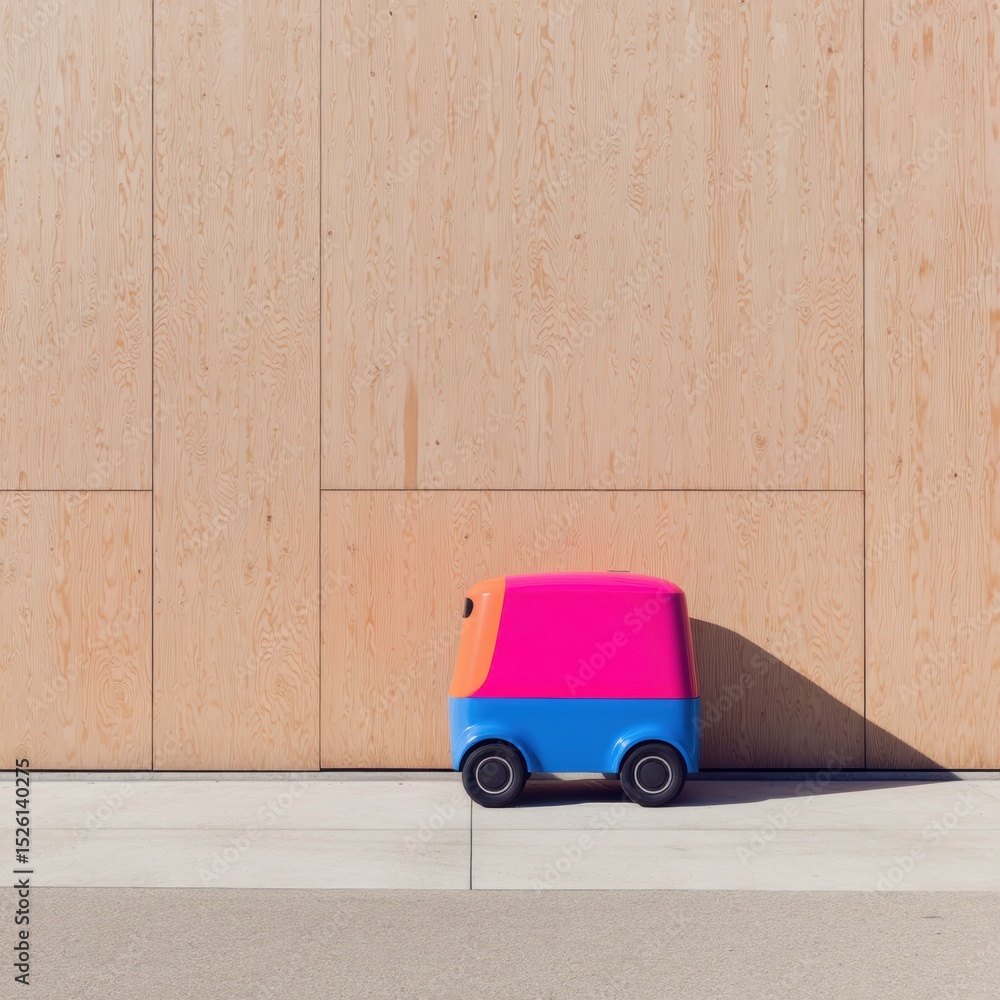 Poster compact delivery bot against wooden wall panels in urban minimalist setting - autonomous logistics i