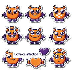 Adorable orange monster stickers displaying various emotions and expressing love affection feelings