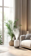 Modern home interior features humidifier for healthy air. Relaxing ambiance with natural light and houseplant.