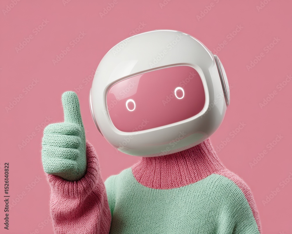 Poster friendly compact companion robot with expressive digital face giving thumbs up gesture on pink backg