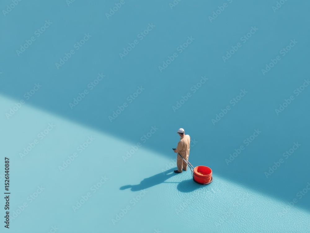 Poster minimalist flood cleanup scene with worker operating wet vacuum on waterlogged floor - disaster reco