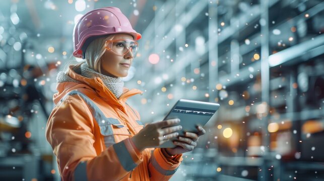 Technician analyzing data in industrial warehouse modern setting digital content indoor environment professional viewpoint