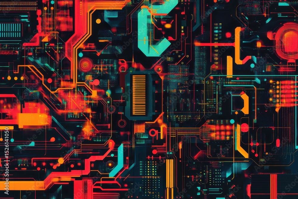 Poster integrated electronic processor space with vibrant circuit designs featuring contrasting colors and 