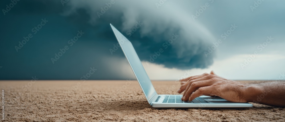 Poster Digital transformation concept with chatbot app and virtual assistant above laptop in barren landscape symbolizing AI-driven business growth and operational support