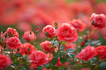 Fototapeta premium Vibrant red roses in full bloom create a stunning landscape filled with color and fragrance during the warm season