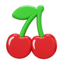 Two red cherries with leaf in 3D illustration isolated on transparent background