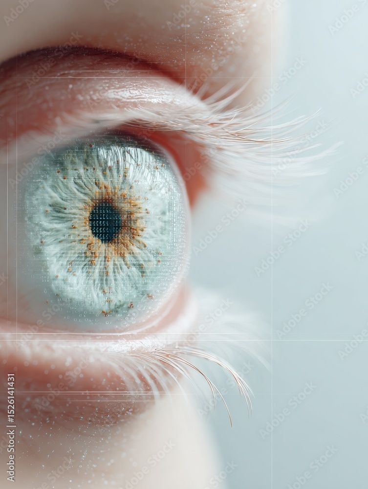 Poster Futuristic Macro Eye Scan with Digital Grid Overlay and Data Streams for Advanced Biometric Identity Verification and Next-Gen Security Marketing