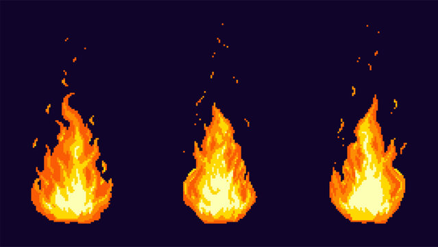 Set of pixel art fire flames. Vector illustration with glowing orange and yellow tones. Stylized sprite sheet for retro video game design.