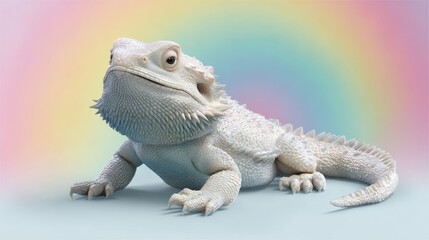 Obraz premium A white bear lizard against a pastel rainbow background.
