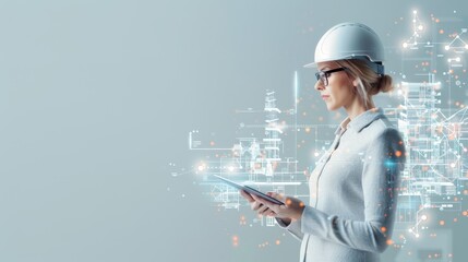Innovative engineer analyzing digital models modern workspace professional portrait high-tech environment side view future concepts