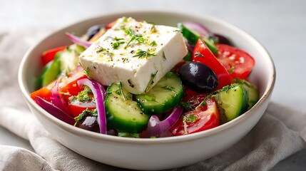 Fresh Greek Salad with Feta Cheese, Cucumbers, Tomatoes, and Olives