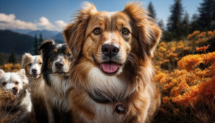 Vibrant Pack of Playful Hounds in HighResolution amidst Blossoming Tulips at a Serene Parkside, Energetic Canines Basking in Springtime Joy