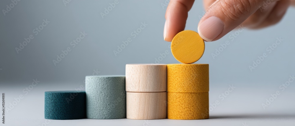 Poster Minimalist Workforce Integration Concept with Wooden Figure on Textured Building Blocks Representing Organizational Hierarchy and Structured Employee Development