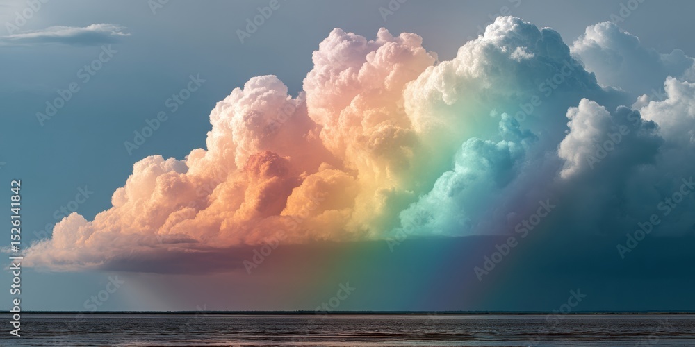 Poster dramatic windstorm with towering cumulonimbus clouds and rainbow light effects symbolizing atmospher