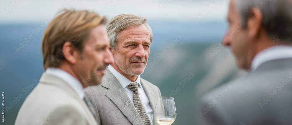 Aufkleber modern corporate networking businessmen in formal suits engaging during elegant reception - professi