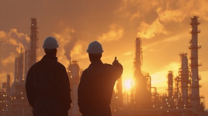 Industrial workers overseeing oil refinery operations at sunset business environment landscape viewpoint teamwork concept