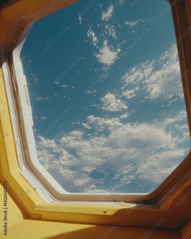 Poster Aerospace Education Concept Showing Earth from Curved Space Station Porthole Window with Observation Module Framework for Space Exploration