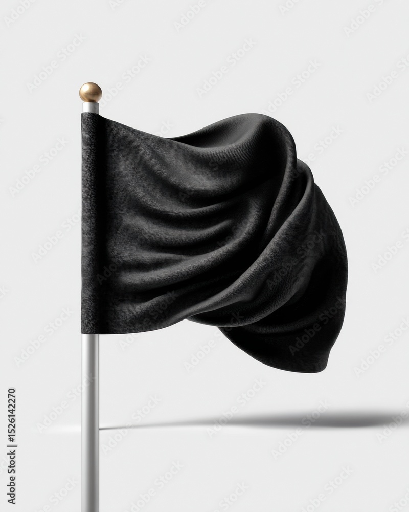 Poster black flag waving dramatically on pole with realistic fabric texture and natural movement - bold sym