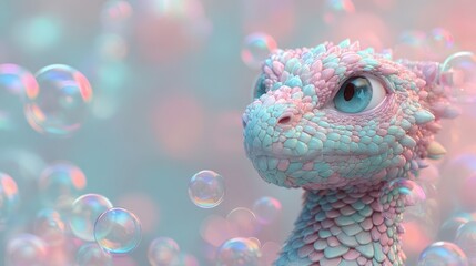 Playful pastel dragon with iridescent bubbles.