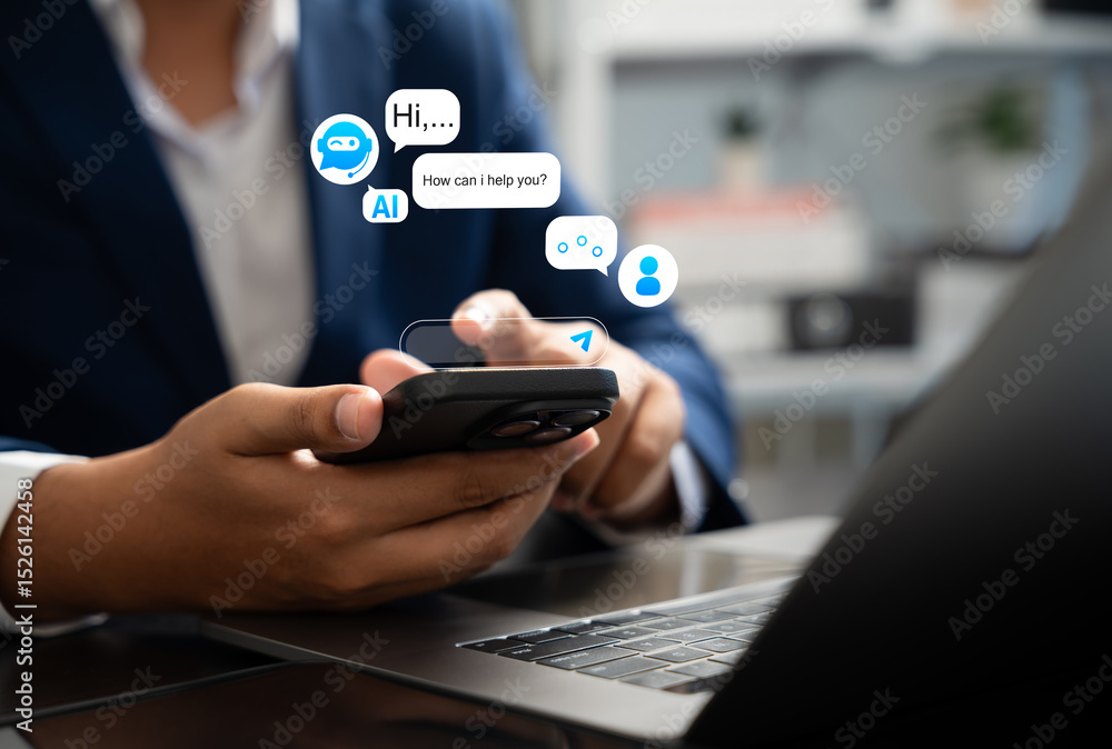 Aufkleber businessman uses ai chatbot on smartphone for digital communication and customer service. smart virt