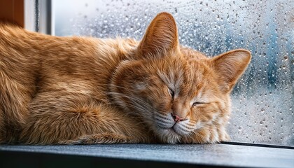Intimate Moment A Sleeping Ginger Cat Framed by RainKissed Window, Capturing Cozy Serenity Amidst the Droplets