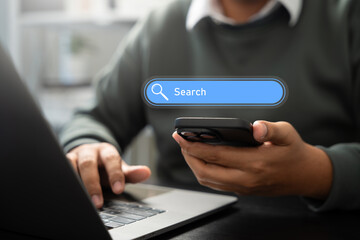 SEO search engine optimization, SEO tools, Businessman using smartphone to gain insights into search engine technology, Browsing the internet, and connecting to the digital world.