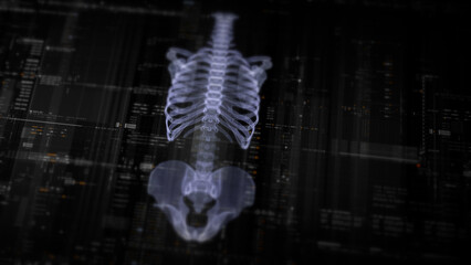 Futuristic biomedical concept with advanced holographic scanning and HUD diagnosing spinal disc herniation using 3D holograms of a patient’s backbone, AR, and real-time medical imaging