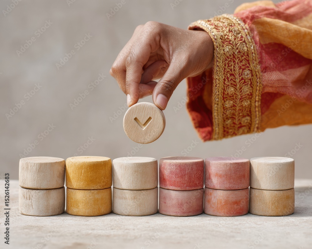 Poster Sustainable Wooden Checkmark Tokens Stacked in Rows with Hand Placing Final Disc, Symbolizing Consensus and Quality Control in Ethical Business Context