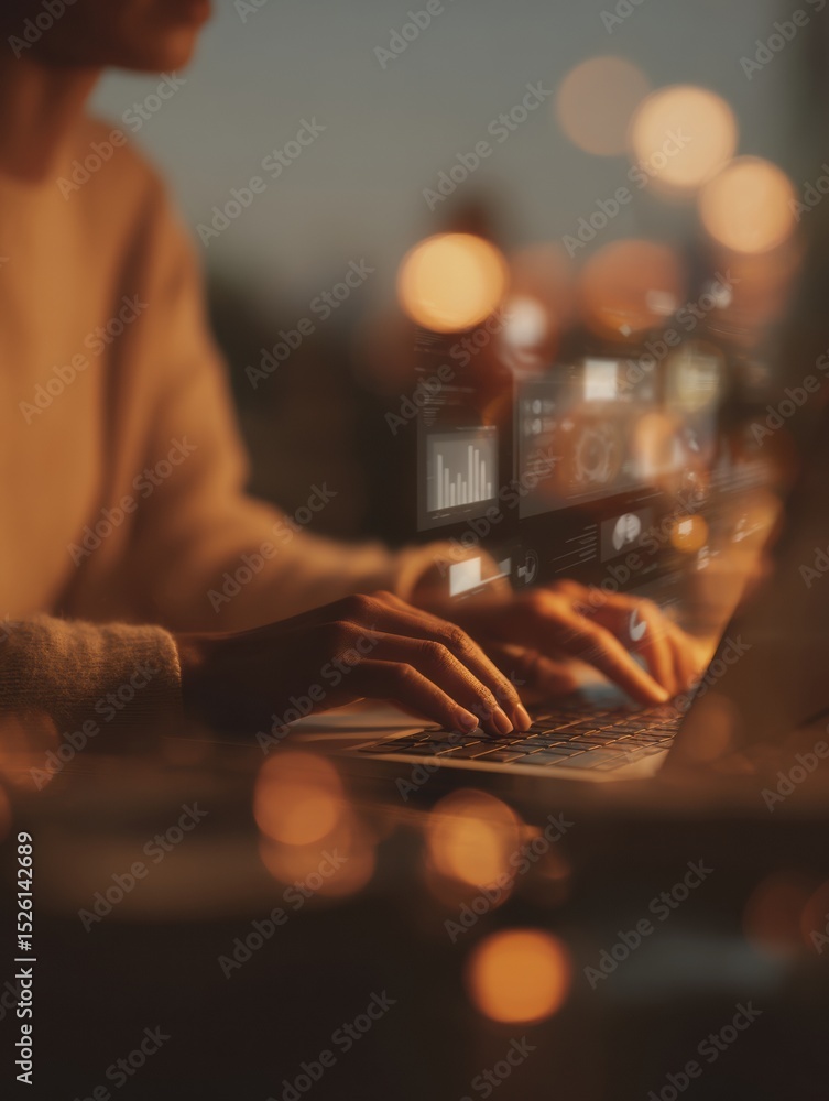 Poster Hands Typing on Laptop with Holographic Analytics Dashboard Showing Digital Workflow Optimization for Enterprise Productivity and Secure Collaboration