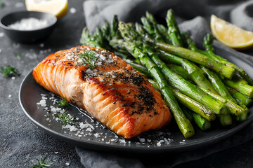 Roasted salmon fillet with asparagus.