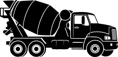a black and white silhouette of a cement truck with a cement mixer, truck