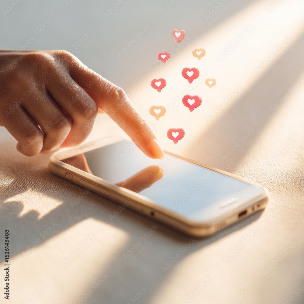 Poster close-up of hand engaging with smartphone showing floating social media likes and hearts, highlighti