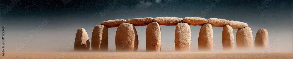 Poster mystical lunar meditation at ancient stone monument with mist and megalithic structures for spiritua