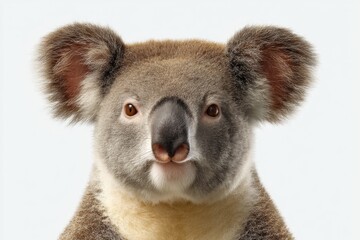 Close-up Portrait of Mature Male Koala with Detailed Fur Texture and Ear Tufts on Plain Background for Wildlife Conservation Awareness