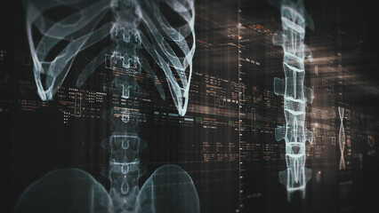 Futuristic biomedical concept with advanced holographic scanning and HUD diagnosing spinal disc herniation using 3D holograms of a patient’s backbone, AR, and real-time medical imaging