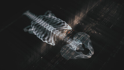 Futuristic biomedical concept with advanced holographic scanning and HUD diagnosing spinal disc herniation using 3D holograms of a patient’s backbone, AR, and real-time medical imaging