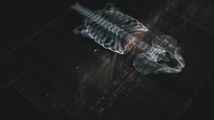 Futuristic biomedical concept with advanced holographic scanning and HUD diagnosing spinal disc herniation using 3D holograms of a patient’s backbone, AR, and real-time medical imaging