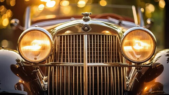 Classic automobile showcasing its elegant golden grille and illuminated headlights.