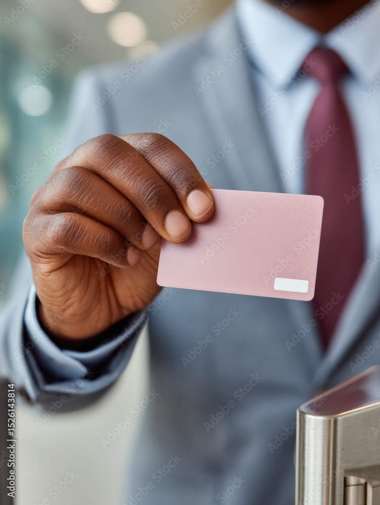 Poster Modern Businessman Using Entry Pass for Secure Access Control in Corporate Office, Emphasizing Professional Identity and Workplace Safety