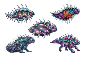 Space creatures visible galaxy effects within, spiky exoskeletons iridescent purple-blue-gray colors, glowing galaxy nebulae inside reptilian-like shapes cosmic otherworldly atmosphere.