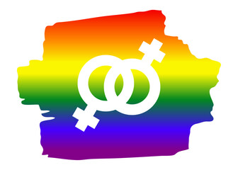 Logo lgbt. Mes del orgullo. Símbolos de género femenino entrelazados en trazo de pincel con degradado con los colores de la bandera arco iris