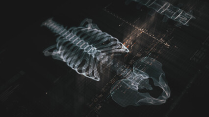Futuristic biomedical concept with advanced holographic scanning and HUD diagnosing spinal disc herniation using 3D holograms of a patient’s backbone, AR, and real-time medical imaging