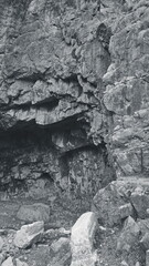 Ancient Stone Cliff With Ruins Monochrome Vertical Texture Closeup Natural Scene Rocky View