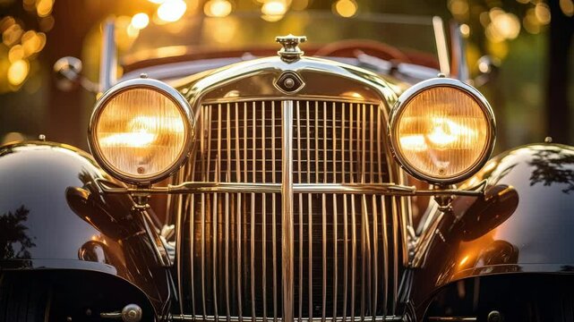 Classic automobile showcasing its elegant golden grille and illuminated headlights.