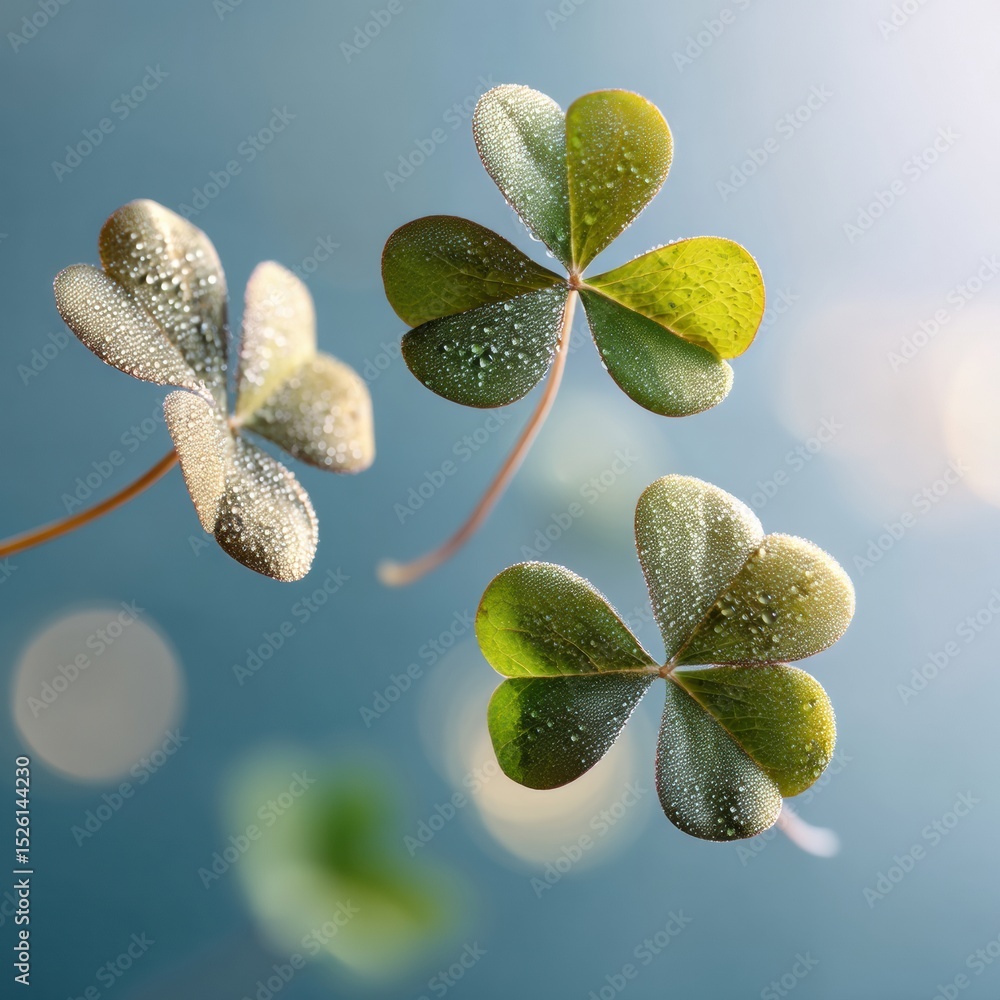 Poster dreamy floating four-leaf clover with dew drops on soft bokeh background for st. patricks day market