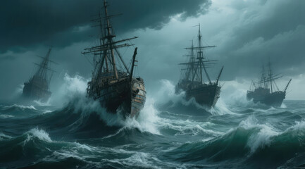 Obraz premium Modern passenger ships navigating through massive ocean waves under a dark stormy sky, intense maritime travel scene with dramatic weather and powerful sea motion